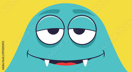Silly blue monster character face with half-closed sleepy eyes and white fangs on bright yellow background for children book.