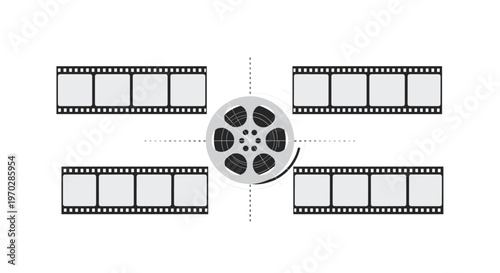 Symmetrical film production design featuring central movie reel and four blank film strips for cinema and video editing layout.