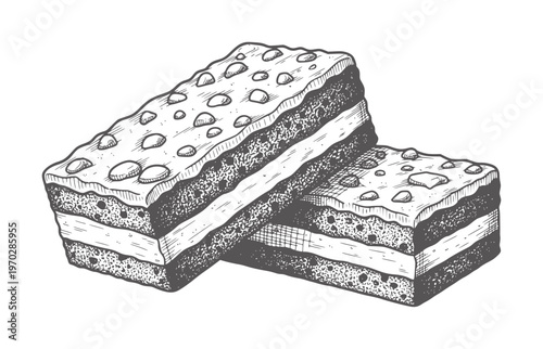 Cross section of layered cake with almonds white frosting layers crosssection