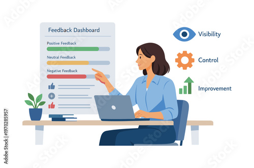 A professional maintaining clear feedback tracking in a structured routine, seated with a laptop while interacting with a simple feedback dashboard