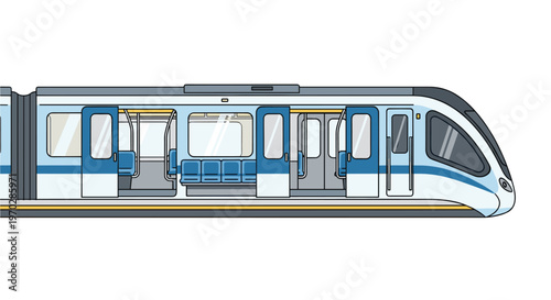 Sleek modern commuter train with open sliding doors and blue interior seating stands ready for passengers on a clean white background with soft light.