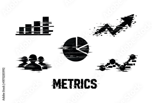 Digital user engagement metrics and analytics theme, a set of five glitch-distorted monochrome objects floating on a perfectly clean white background