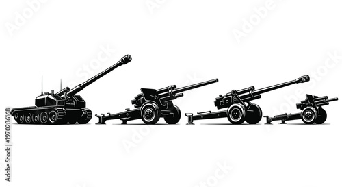 Three self propelled artillery pieces displayed in a stark black silhouette