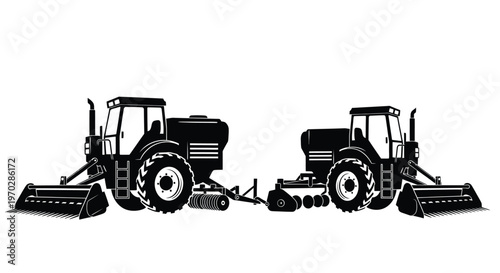 Two black tractors with farm implements depicted in a striking silhouette