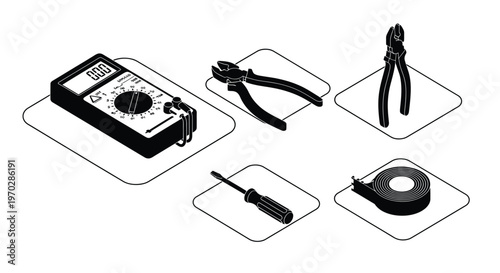 Tools for electrical work displayed on white platforms black silhouette