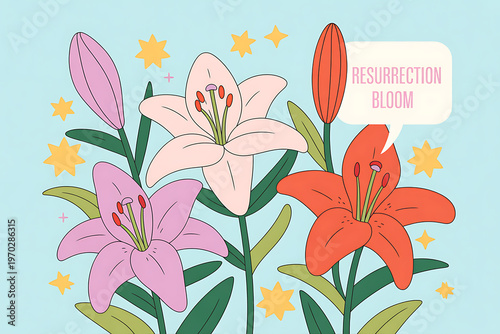 Easter celebration with lilies flowers blooming in garden with stars