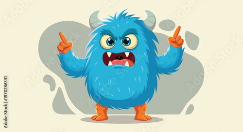 Angry blue furry monster with horns and sharp teeth pointing up with both hands on a neutral beige background illustration.