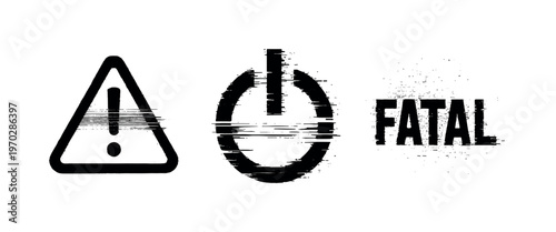 Digital fatal error and shutdown state theme, a set of 3 glitch-distorted monochrome objects placed on a perfectly clean white background