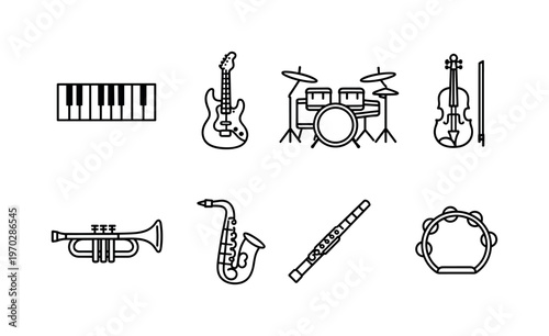 Music instruments set: piano keyboard, electric guitar, drum set, violin, trumpet, saxophone, flute, tambourine