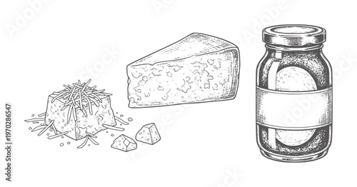 Hand drawn cheese wedge and jar with blank label white