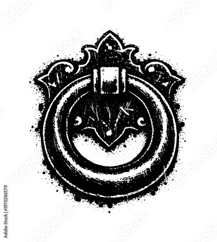 A vintage iron door knocker shown in direct frontal view, centered so the circular ring and decorative mounting plate fill most of the frame, creating