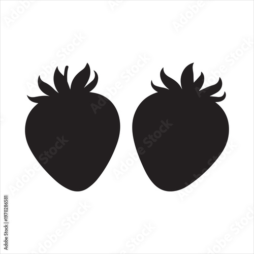 Two dark strawberry shapes against a white background silhouette