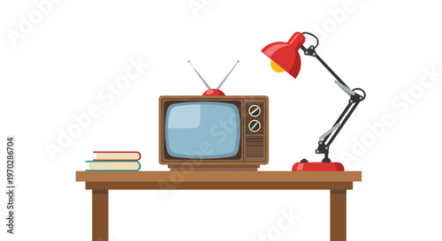 Sturdy wooden desk supports a classic brown television with rabbit ear antennas alongside a vibrant red adjustable lamp and a small stack of two books.