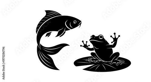 Black and white illustration of a fish and a frog on a lily pad.