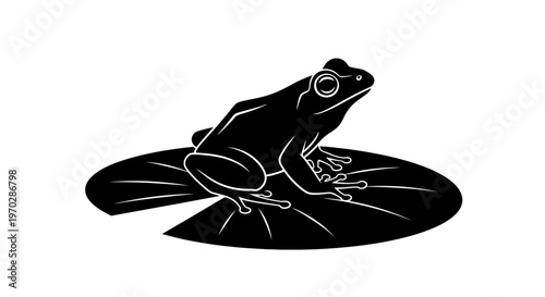 Black and white illustration of a frog sitting on a lily pad.