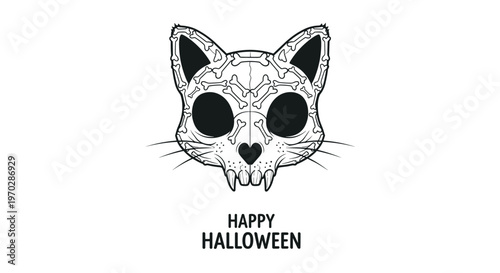 Detailed line art of a cat skull filled with bone patterns wishing a happy halloween on a clean white background.