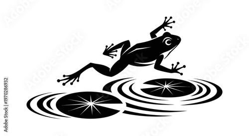 Black Frog Jumping on Lily Pads Silhouette.