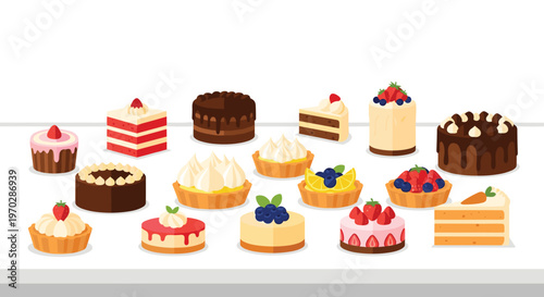 Array of exquisite individual cakes and fruit tarts decorated with fresh berries and rich chocolate rests upon a pristine white flat surface top.