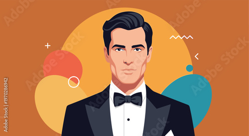 Portrait of a handsome sophisticated man wearing a formal black tuxedo and bow tie against an abstract background.