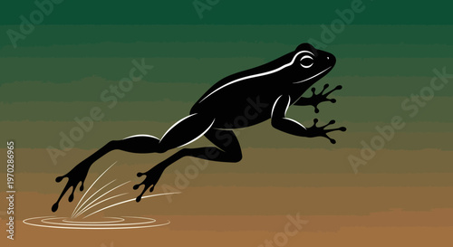 Black Frog Leaping Mid-Air with Water Splash.