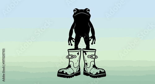 Black Frog Standing Tall in Muddy Wellington Boots.