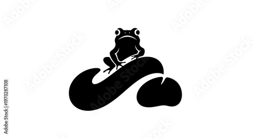 Black silhouette of a frog sitting on a stylized letter S.