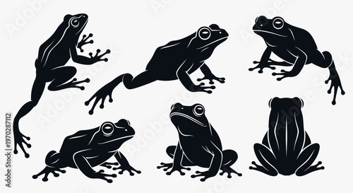 Collection of Black Frog Silhouettes in Various Poses.