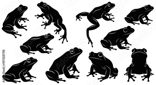 Collection of Black Frog Silhouettes in Various Poses.