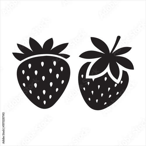 Two black strawberry shapes against a white background silhouette