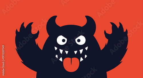 Scary black monster silhouette with sharp horns and teeth sticking out its tongue against a bold red background.