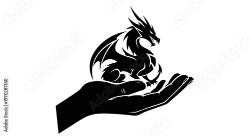 Black Silhouette of a Dragon Resting on an Open Hand.