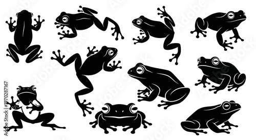 Collection of Black Frog Silhouettes in Various Poses.