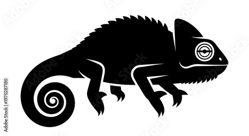 Black Silhouette of a Chameleon with Swirling Tail.