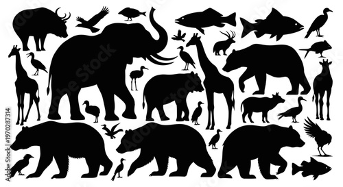 Collection of Diverse Animal Silhouettes in Black and White.