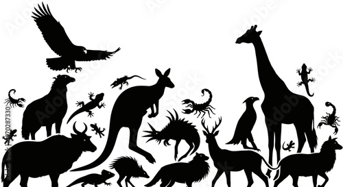 Collection of Diverse Animal Silhouettes in Various Poses.