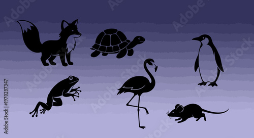 Collection of Diverse Animal Silhouettes on a Gradient Background.