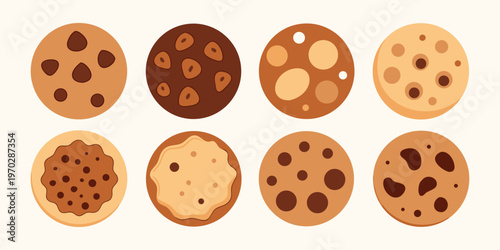 Eight delicious chocolate chip cookies perfectly displayed on a cream background.