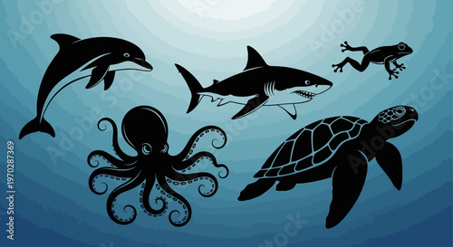 Collection of Diverse Marine and Amphibious Creatures in Silhouette.