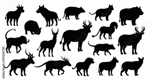 Collection of Diverse Wild Animal Silhouettes in Black and White.