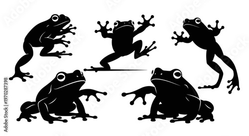 Collection of Five Black Frog Silhouettes in Various Poses.