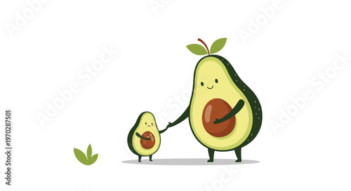 Sweet illustration of two avocado characters representing a parent and a child holding hands on white background.