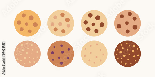 Eight inviting brown and beige cookies with diverse chocolate chip patterns.