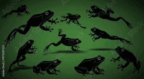 Collection of Silhouetted Frogs in Various Poses on a Green Background.