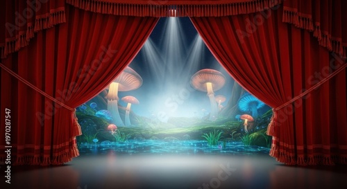 Fantasy stage with red curtains revealing mystical landscape and glowing mushrooms on enchanting background.