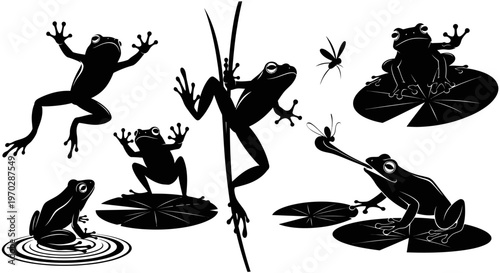 Collection of Silhouettes of Frogs in Various Poses and Activities.
