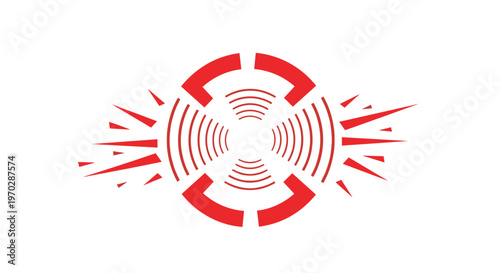 Abstract red target or sonar icon with circular pulses and radiating spikes on a white background for tech concepts.