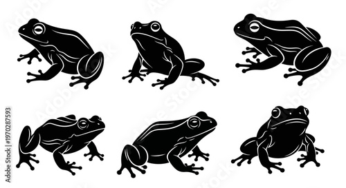 Collection of Six Black Silhouette Frogs in Various Poses.