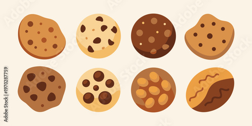 Eight appealing uniquely shaped brown cookies with diverse textures and toppings.