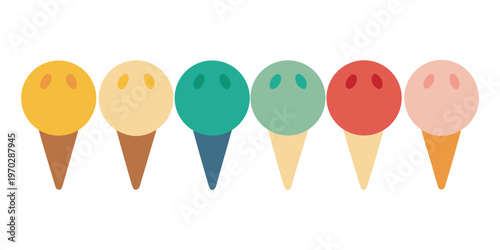 A row of six simple and colorful ice cream cones ready to enjoy.