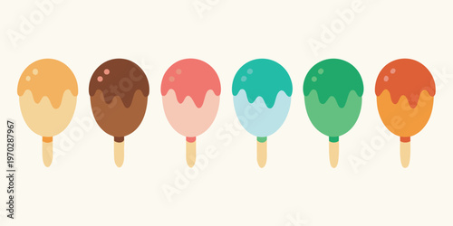 Six delicious ice cream pops with colorful drizzles sit in a cheerful row.